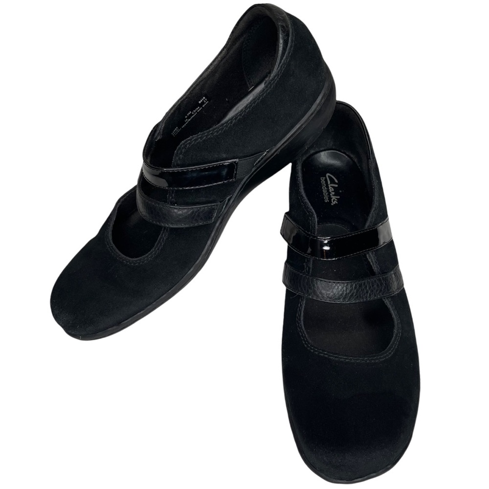 Clarks Bendables Womens Black Suede ,Leather, & Patent Leather Slip On Shoes 9.5